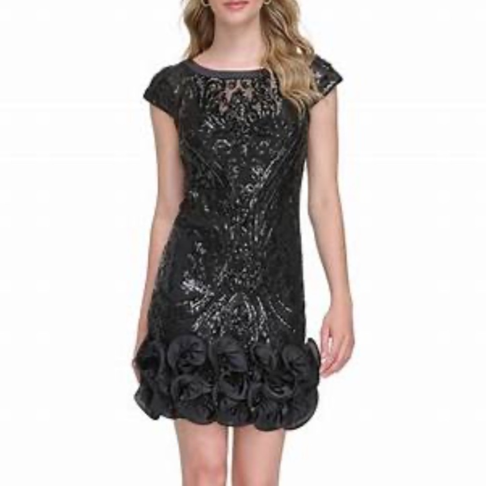 Guess Sequin Boat Neckline Cap Sleeve Shift Dress with Ruffle Hem